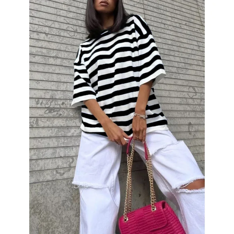 

Летняя свободная полосатая футболка, повседневный женский топ, удобная дышащая футболка ort Sve round Ne Commute Sle, свободная футболка