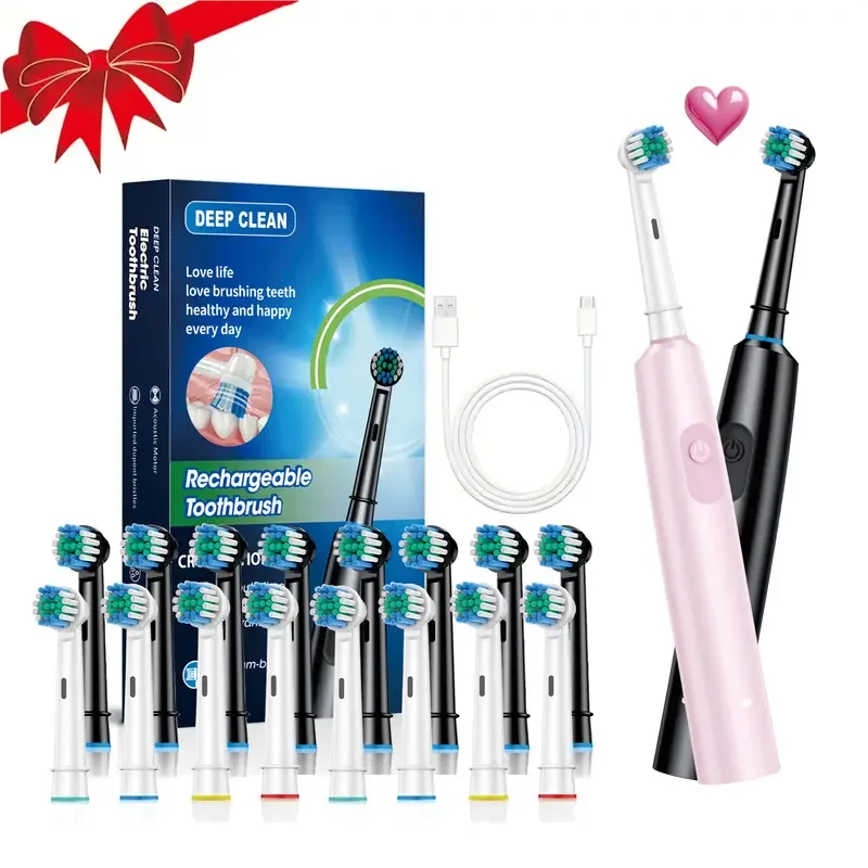 Cepillo de dientes eléctrico giratorio redondo para adultos, cerdas suaves, 5 modos de limpieza, recargable por USB, con cabezales de repuesto 4/8