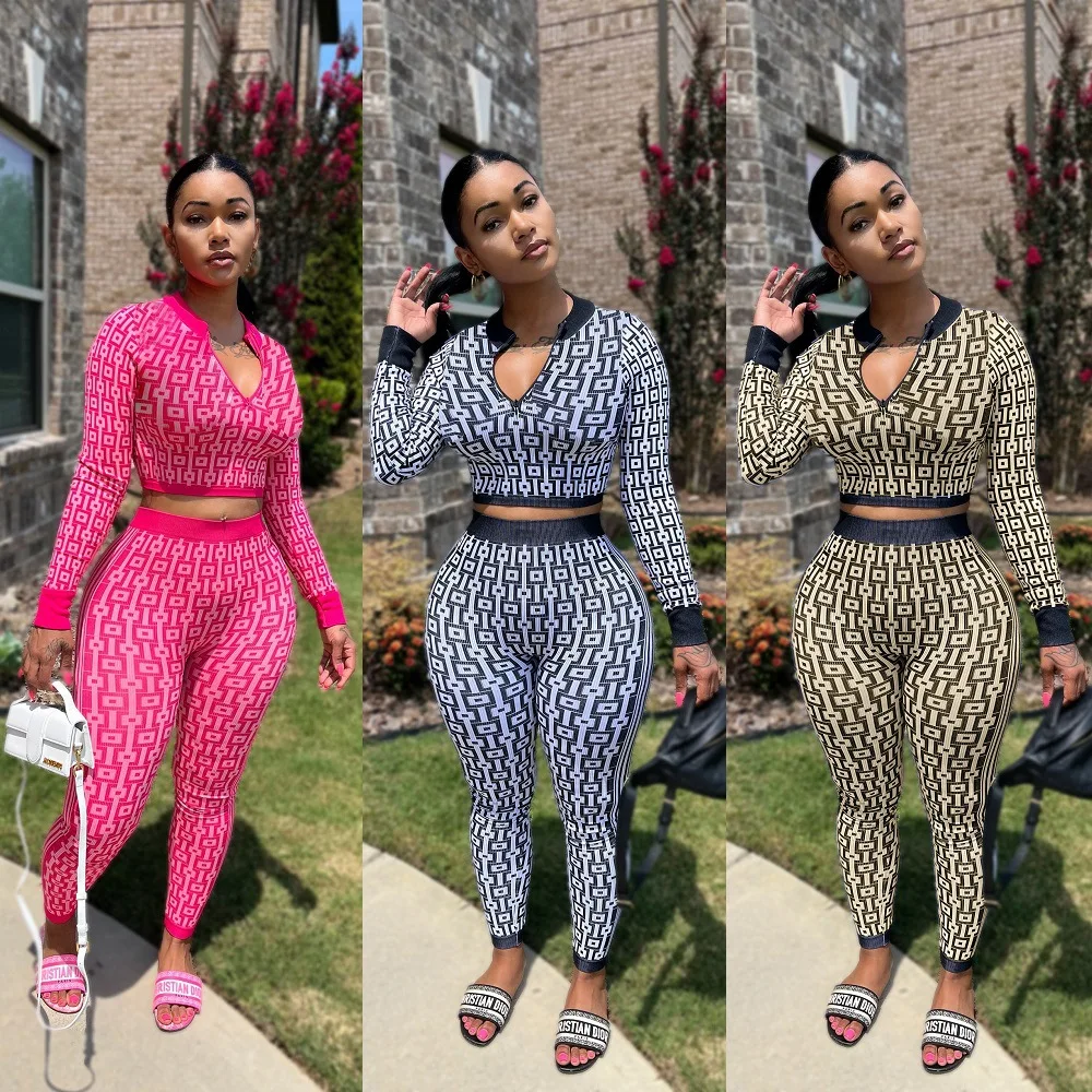 Autumn And Winter Women's Stretch Knitted Printed Women's Suit Long-sleeved Tight Sports Yoga Two-piece Set For Women - Image 4
