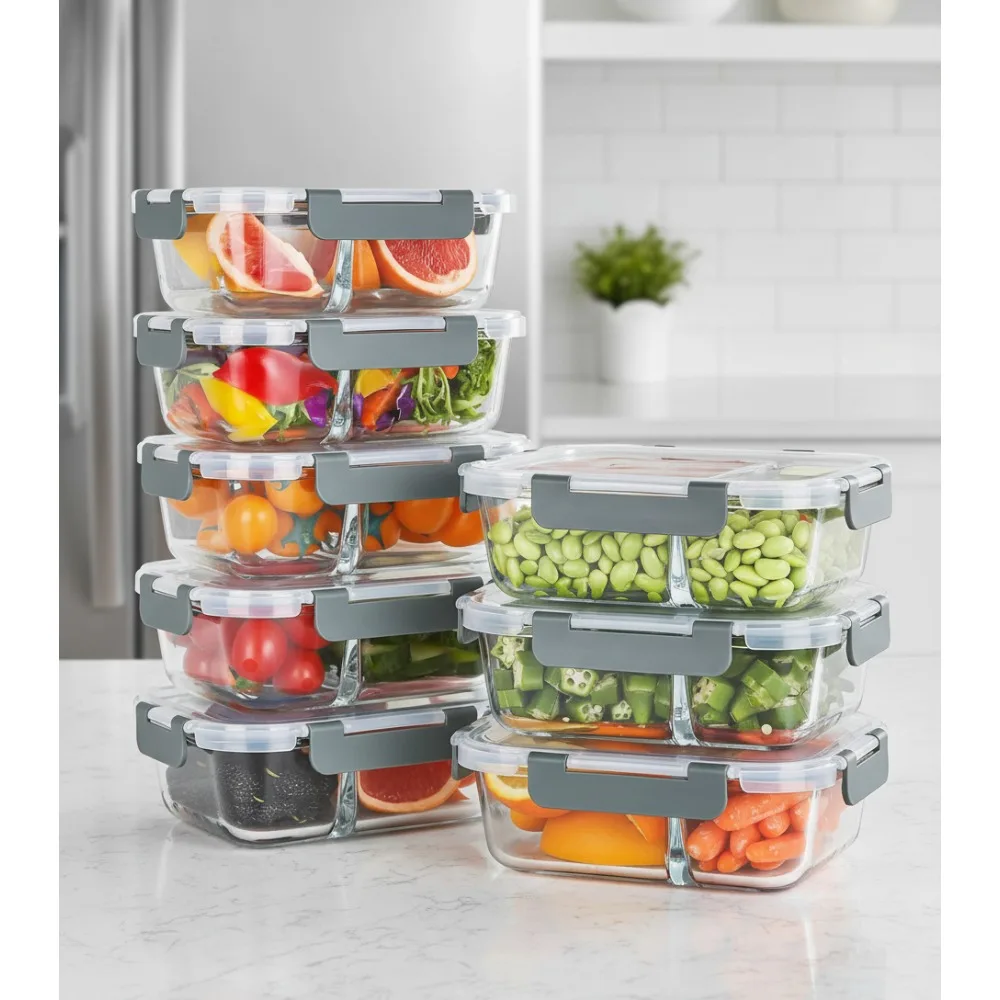 

10-Pack 30oz Glass Meal Prep Containers with 2 Compartments, Airtight Lids, Microwave & Dishwasher Safe