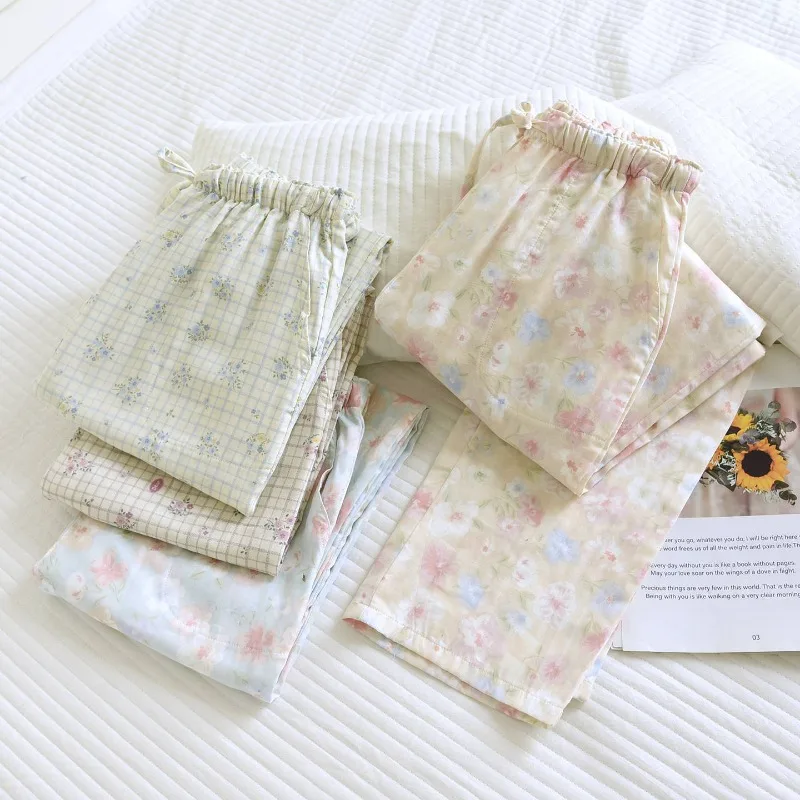 

2025 Spring/Summer Women's Sleeper Pants 100% Cotton Gauze with Floral Pattern Grid Gauze Pants Thin Home Pants Bottoms Womens