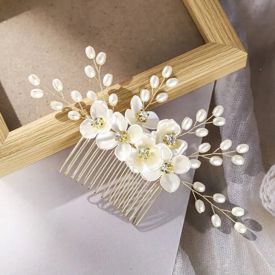 

White Floral Hair Comb With Pearl Beads For Wedding Bridal Party