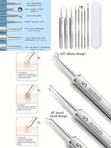 8-Piece Blackhead Remover Kit – Stainless Steel Blemish & Acne Extraction Tools – Professional Pimple Popper Set for All Skin