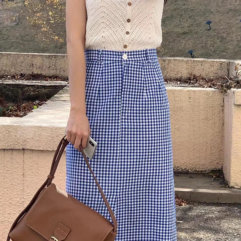Estilo coreano cintura alta xadrez  saia moda fena verão chique um botão design fenda versátil meia crimento saia