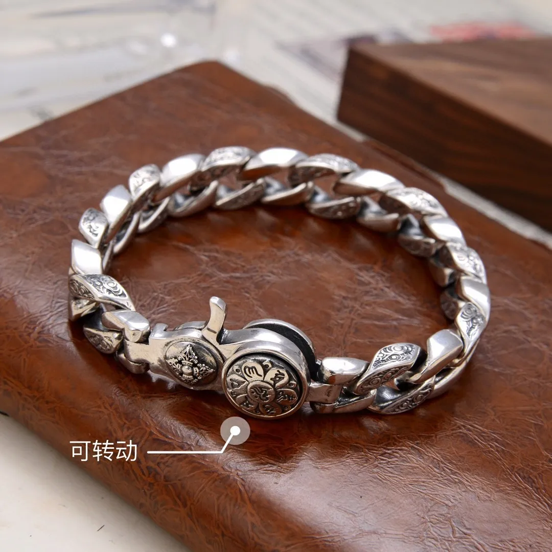 

Pure silver six character mantra rotatable trendy wide version domineering personality atmospheric retro bracelet for men