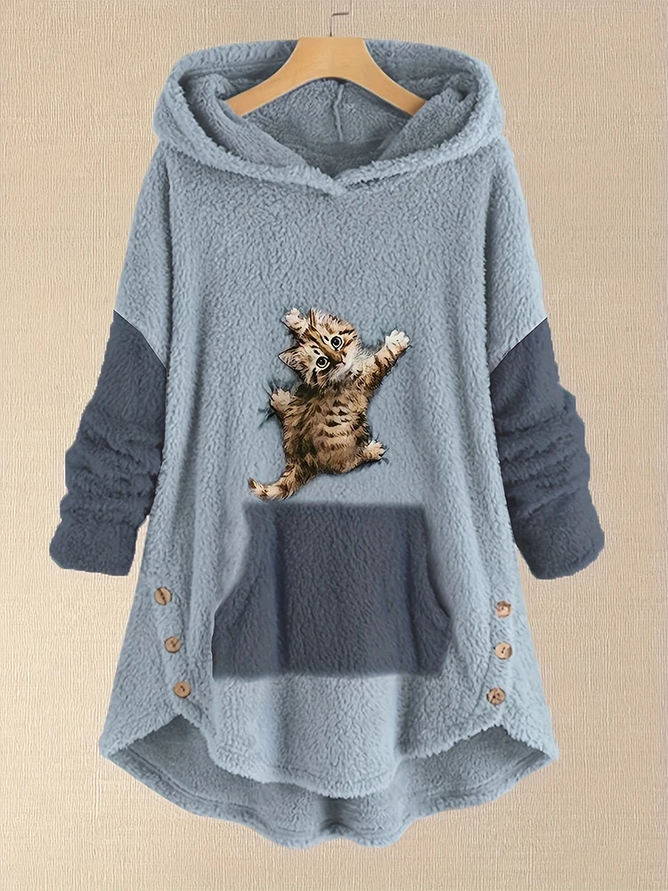 Plus Size 2023 Fall & Winter New Women\'s Loose Hooded Sweater, Oversized Knitted Sweater with Pockets 3D Cat Pattern XL-5XL