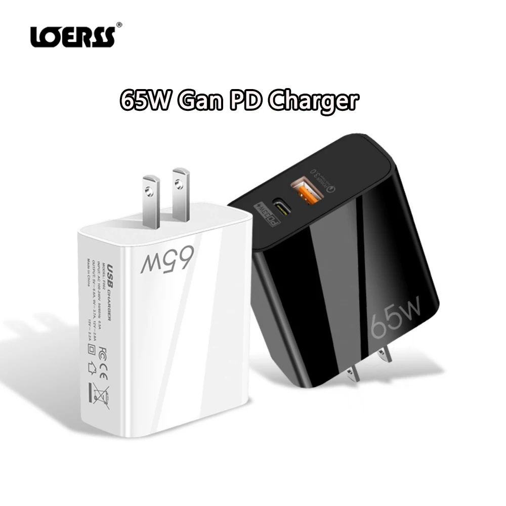 LOERSS 33W GaN Quick Charger 3.0 US EU UK  Fast Dual Port PD USB Type C for iPhone Samsung Huawei Xiaomi Phones Laptop