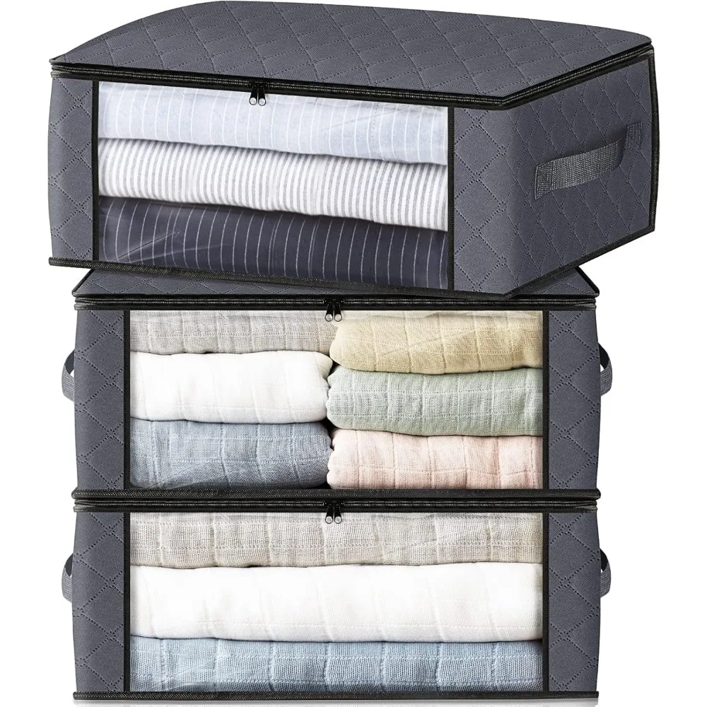 

Storage 3-Pack Clothes Organizer Storage Bags Foldable Storage Box with Large Clear Window Sturdy Handles for Closet, Dorm, Pil