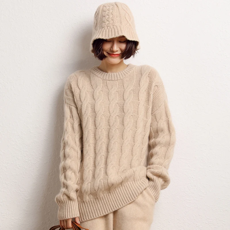 2022 Hot Sale Autumn Winter 100% Pure Cashmere Sweater O-neck Women\'s High Quality Soft Female Loose Thickened Knitted Pullover