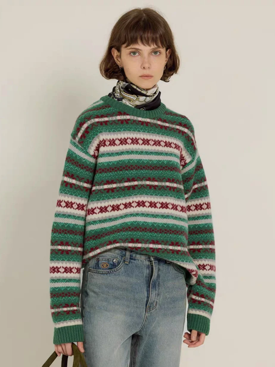 Ele Retro Fair Isle Strickpullover Sweet Sle Round Ne Pullover Premium Quali Wollstoff Herbst Winter Neu eingetroffen