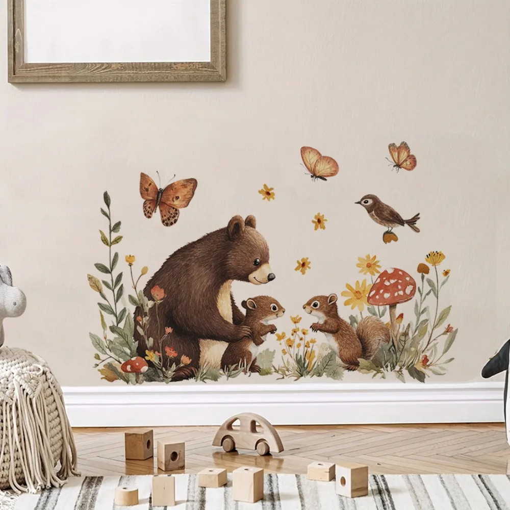 Forest Animal Wall Decals Bear and Squirrel Self-Adhesive Removable Nursery Bedroom Decor Peel and Stick for Kids Room Makeover