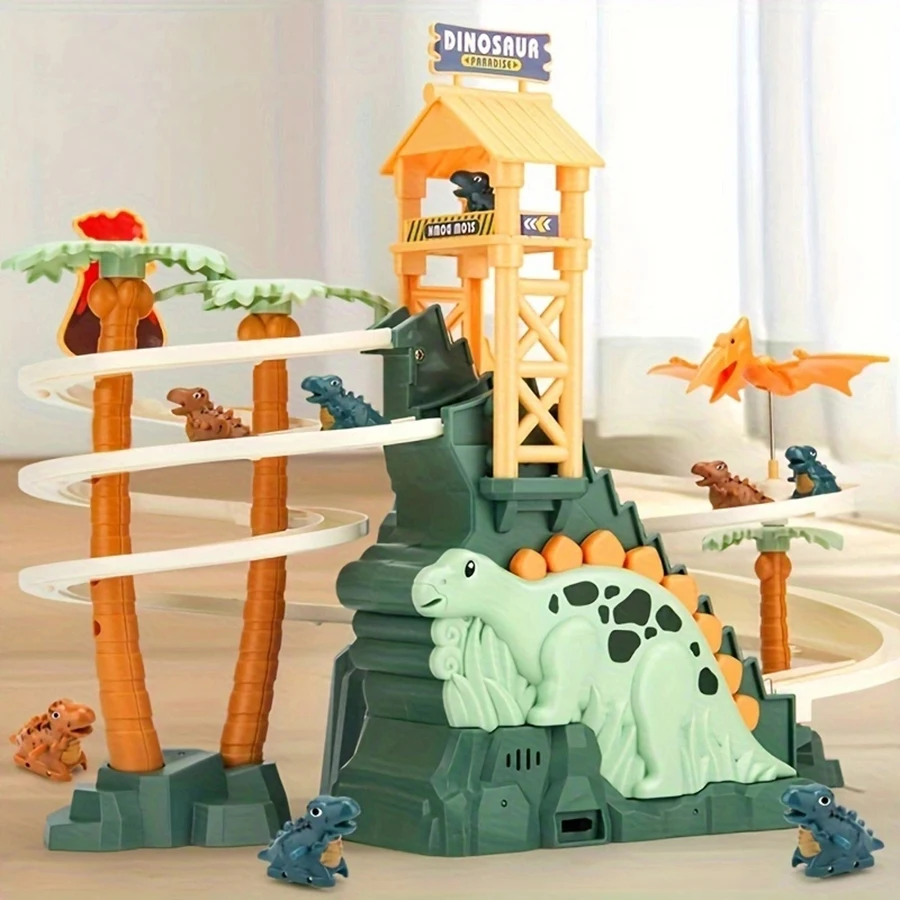 Dinosaur Climbing Slide Toy, Dinosaur Race Track Game Dino Car Track Adventure with Climbing Stairs, Lights & Music Roller Coast