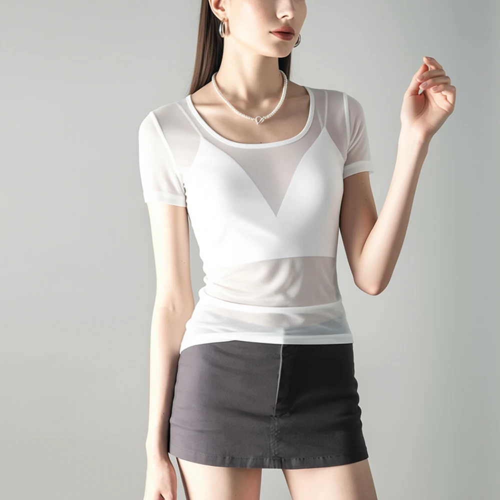 

Women Sweet Black White Mesh Elastic T-Shirt Women S-XL Slim Short Sleeve Tee Female Long Sleeve Shirts Top Office Girl Clothes