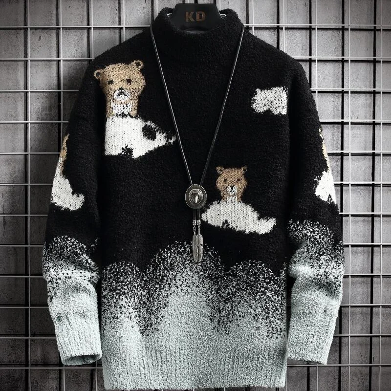 

Winter 2023 New Hip Hop Printed Sweater Men High End Comfortable Cashmere Pullover Men Thick Warm Half Turtleneck Mens Sweaters