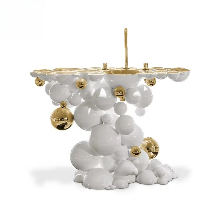 For Hotel Villa Bath Mansion Freestanding Wash Basin Newton Vessel Sink Luxury White Golden Stainless Steel Bathroom Sink