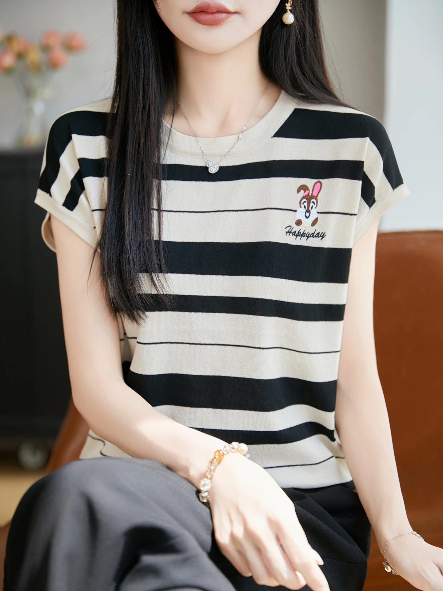 

Retro Striped Cartoon Embroidery Short Sleeve T-Shirt Women Summer Thin Knitted Anti-Aging round Neck Cool Feeling Half Sleeve
