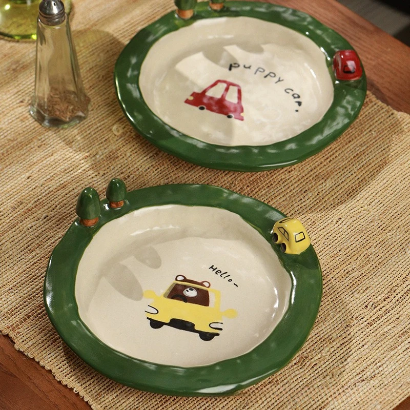 

Керамическая тарелка ручной работы под глазурью с мультяшным медведем, милая десертная тарелка в лесном стиле, чистая ручная роспись