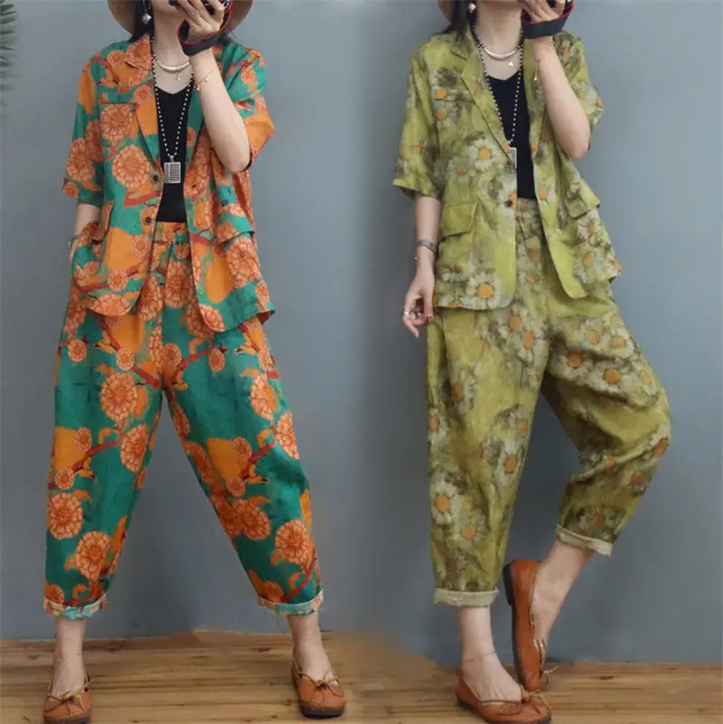 

Casual Pants Suit 2023 Spring And Summer Vintage Cotton And Line Printed Blazer Coat Trousers Two-Piece Set Tracksuit Z413