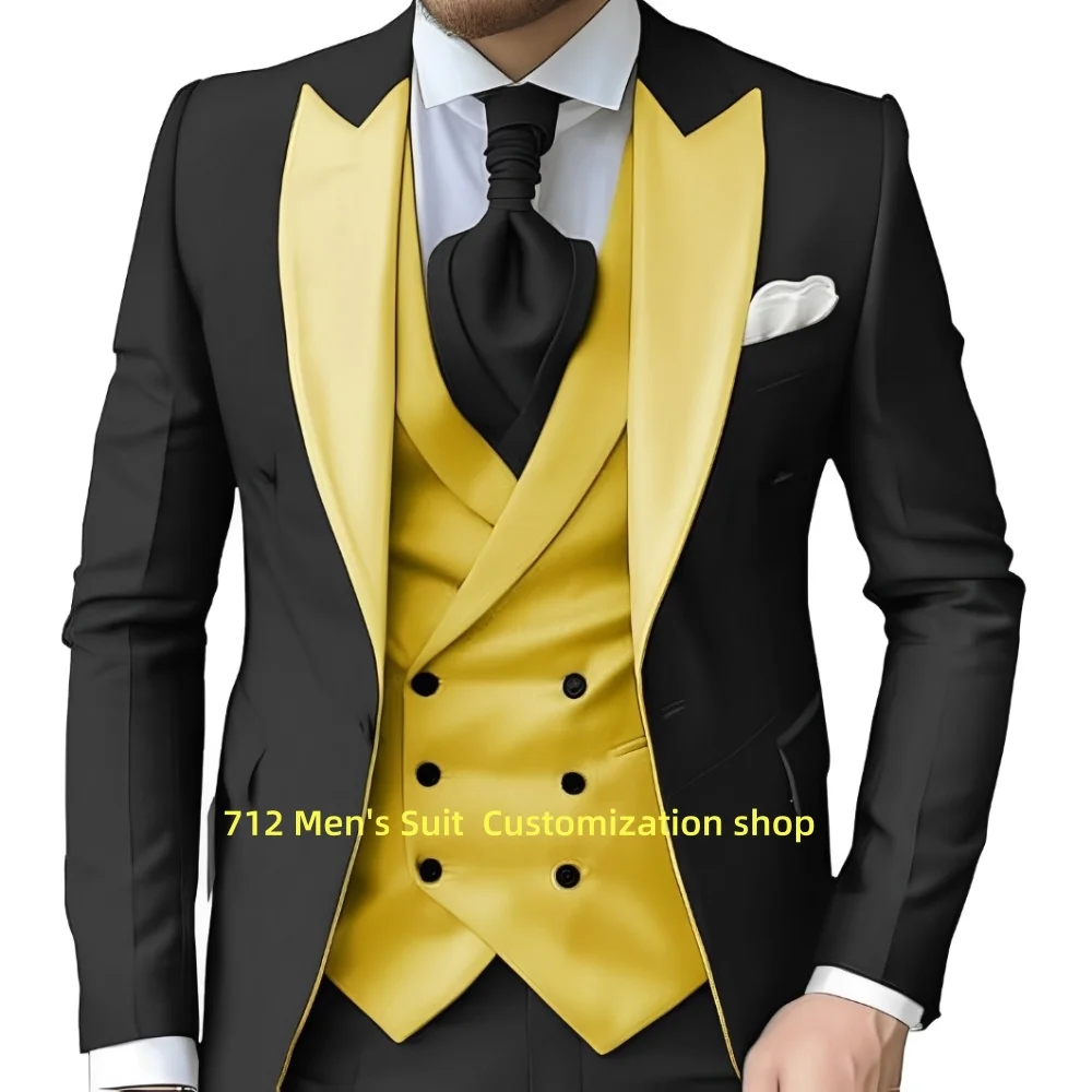 

Elegant Men's Suit 3 piece Set Peak Lapel Jacket Pants Vest Wedding Groom Tuxedo Formal Blazer Customized Men Suits