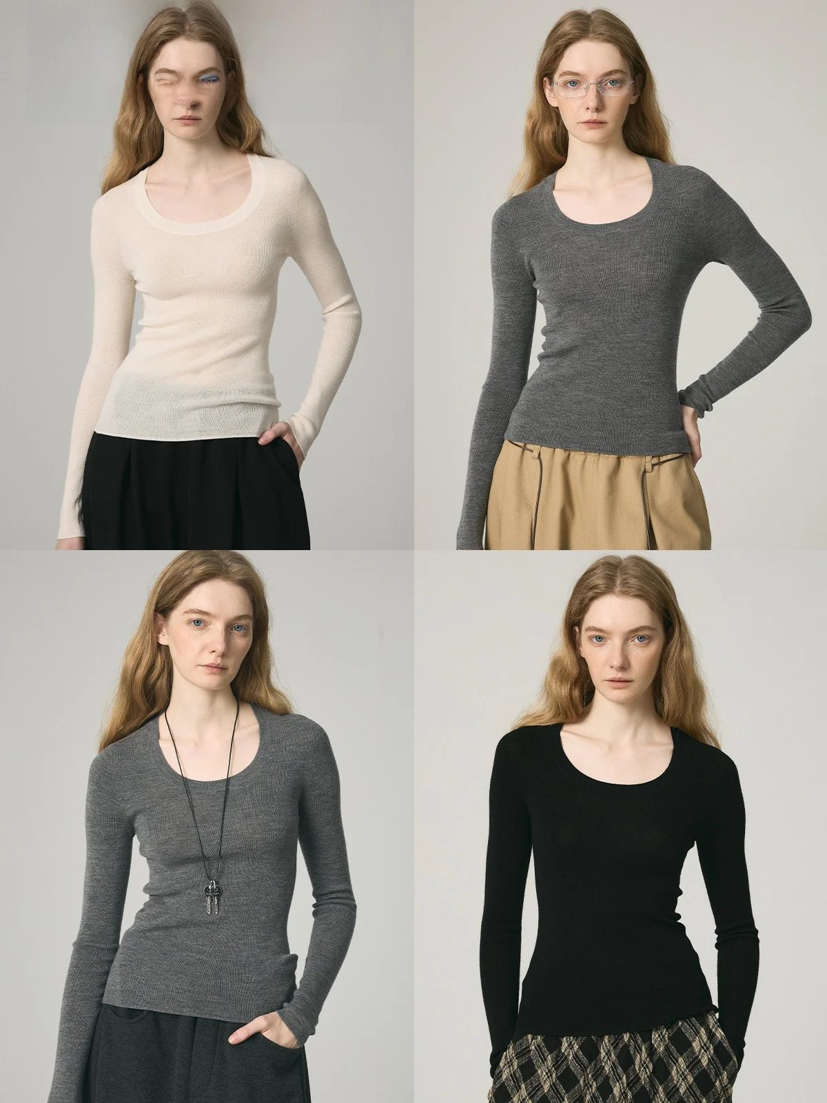 Soft Full Wool Seamless One-Piece U-Neck Sweater Base T SOUNDSAROUND Casual Style Ladies' Slim Fit Long Sleeve T-Shirt
