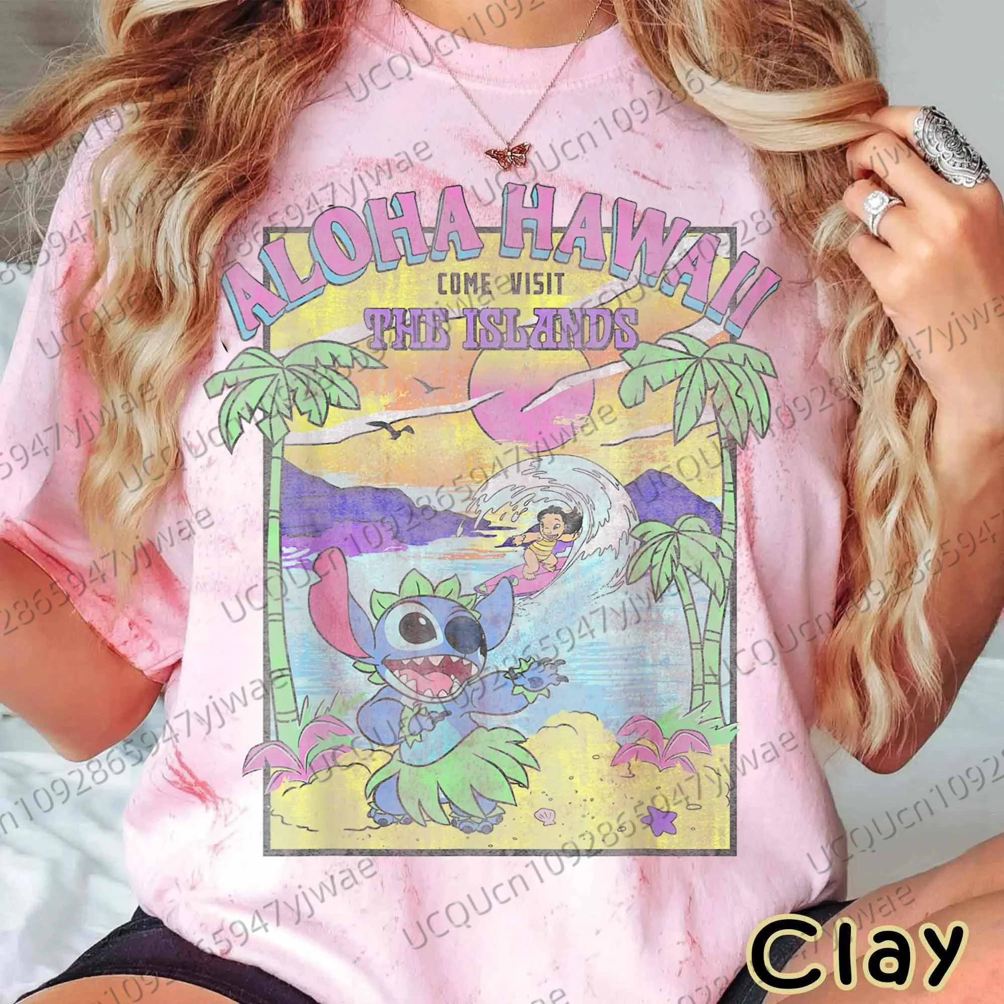 

Lilo & Stitch Aloha Hawaii Women's Short Sleeve Casual 3D Print T-shirt Family Trip Tie-dye Men's T-shirt Tops