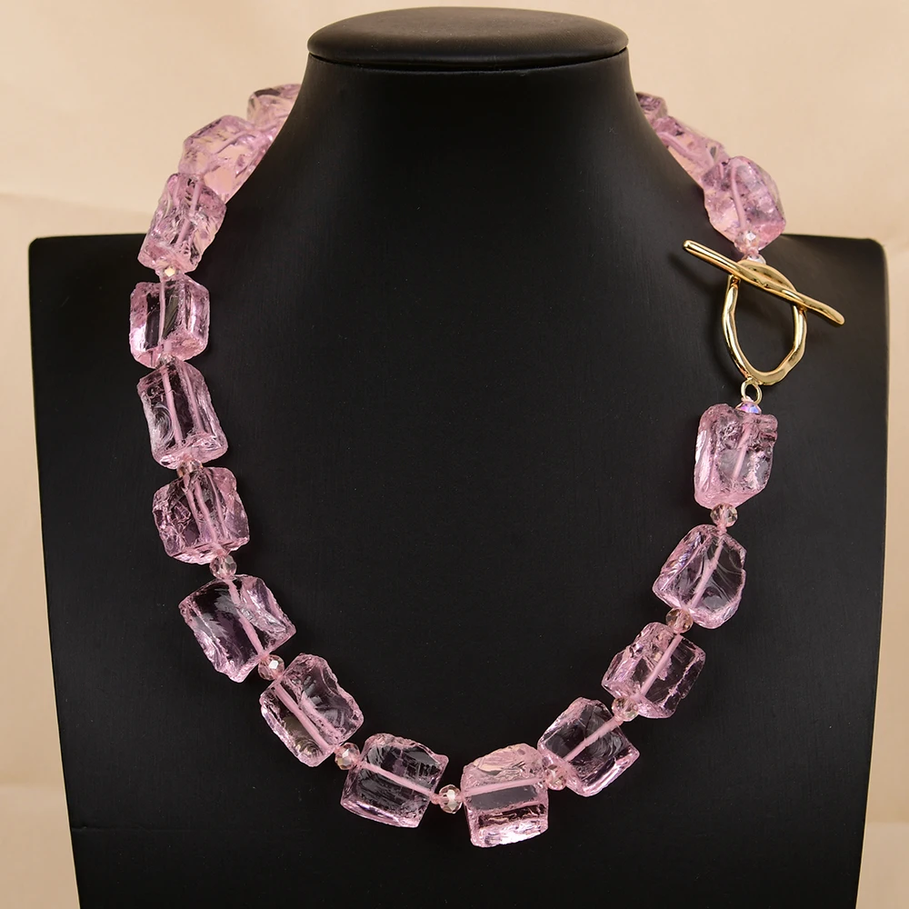 G-G 18'' Natural Pink Glass Quartz Rough Nugget Crystal Single Strand Choker Necklace Handmade For Women