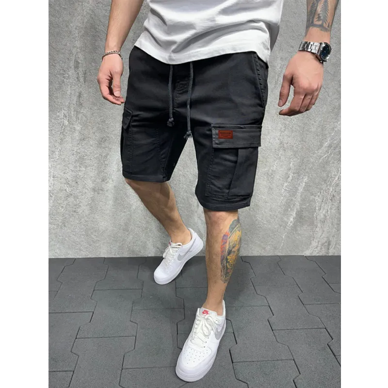 Shorts casuais de trabalho multi-bolso reto masculino, de cinco pontos, cor sólida, verão, novo