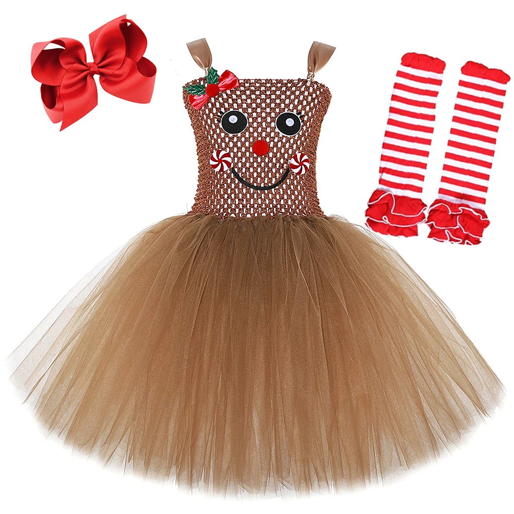Brown Gingerbread Man Costume for Girls Christmas Cookie Tutu Dress Kids Toddler Xmas Holiday Dress Up Outfit with Striped Socks