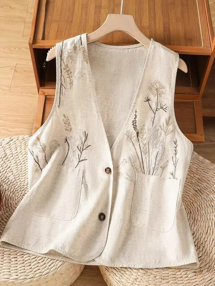 Elegant Embroidered Cotton Linen Vest Women's Summer Top Fashionable Layered Wear Heavy Embroidery Casual Style V-Neck Vest