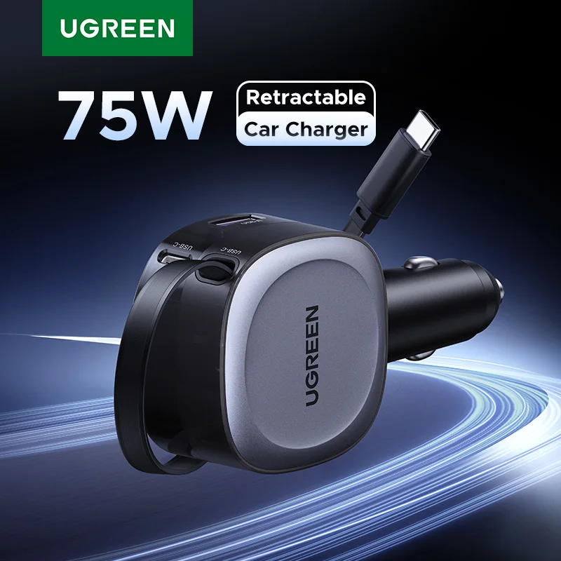 

UGREEN 2 in 1 Retractable Cable 75W Car Charger SCP 25W QC PD 30W Fast Car Phone Charger For iPad iPhone 16 15 14 13 Pro Samsung