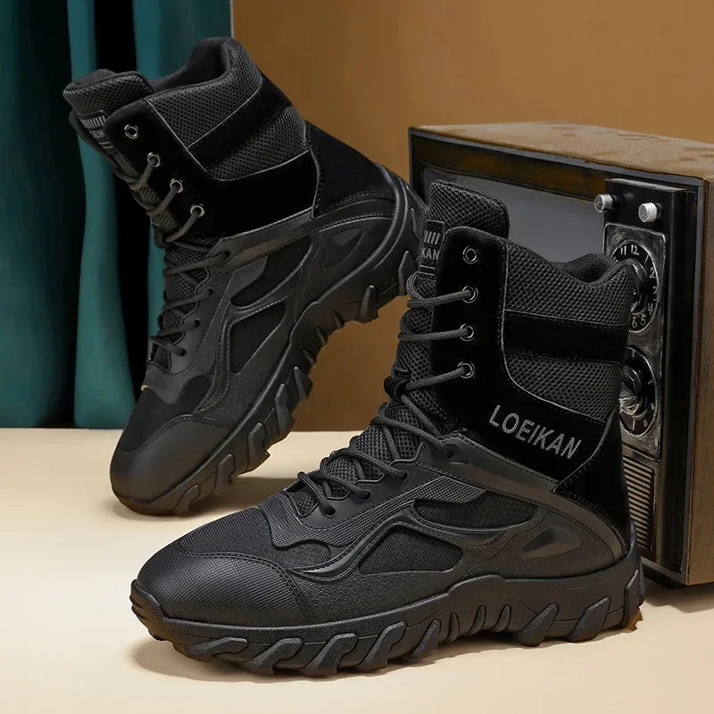 Men's Tactical Combat Boots Suede & Mesh Upper Lace‑up Anti‑slip Thick Sole Male High‑top Boots For Hiking Outdoor Activities