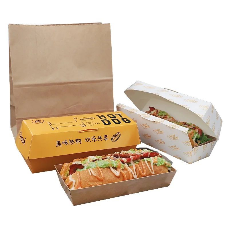 Caja rectangular de Papel kraft para productos personalizados, caja de embalaje desechable para hamburguesa, sándwich, perritos calientes, resistente al agua, de color grueso