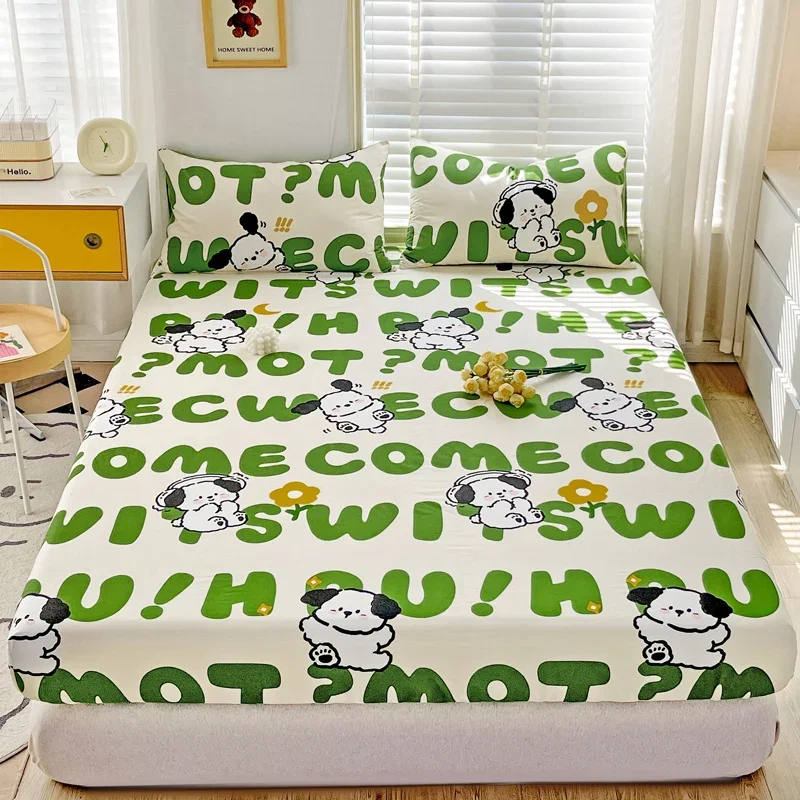 3pcs Pure Cotton Fashion Green Letter Print Fitted Sheet Set Cartoon Cute Dog Theme Boy Girl Room Bed Cover Dormitory Bed Sheet