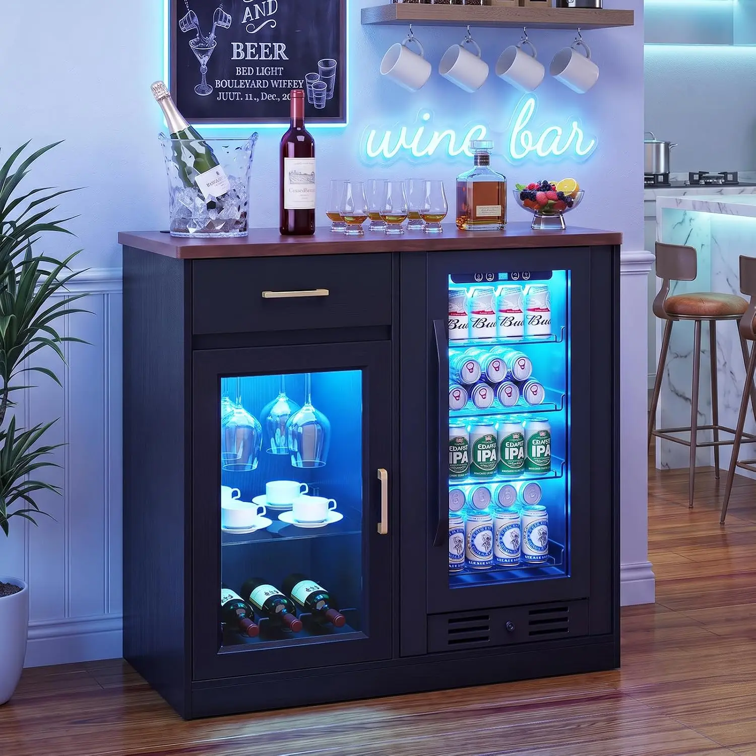 Coffee Bar & Wine & Liquor Cabinet, Kitchen Storage Sideboard with Glass Rack & Shelves, Home Dining Room Furniture, Customized