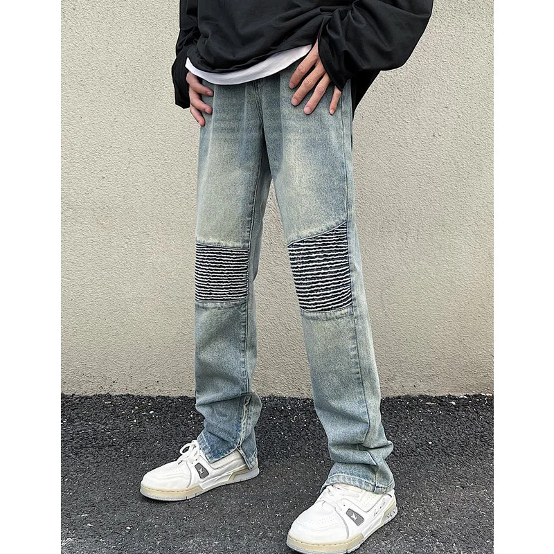 New Fashion Straight Zipper Slit Jeans Men Casual Streetwear Stitching Pleated Denim Pants Loose Baggy Trousers Clothing