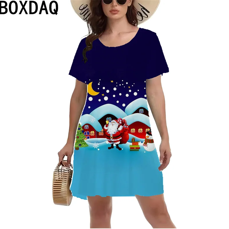 New Ladies' Christmas Dress 3D Funny Santa Claus Cute Party Mini Dress Women O-Neck Short Sleeve Casual A-Line Dress Vestidos