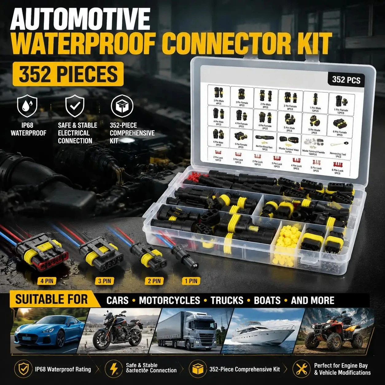 Waterproof Automotive Connectors Kit 240 or 352 Piece Set 1 2 3 4 Pin Car Electrical Wire Terminal Plug Harness Compatible with Truck SUV Bus Electrical System High Quality Durable Weather Resistant and Easy to Install