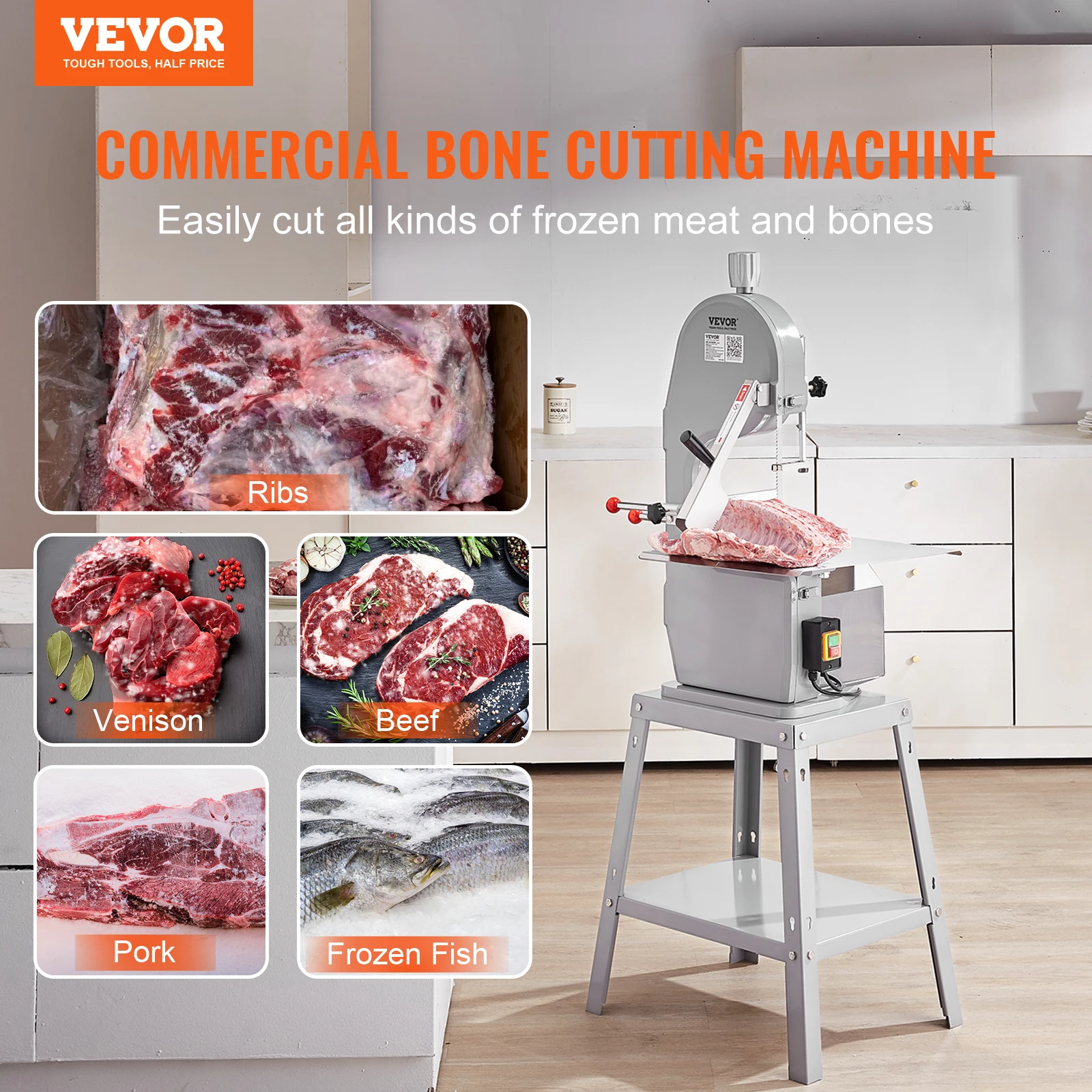 VEVOR Commercial Electric Meat Bandsaw 1500w Stainless Steel Vertical Bone Sawing Machine Cutting with 6 Blades for Kitchen