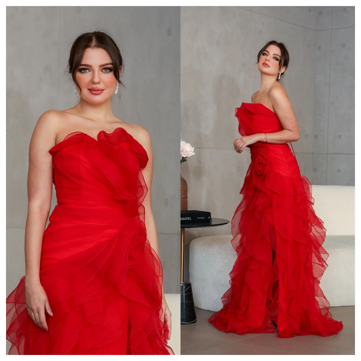 

Customized Luxury Red Tulle Evening Dress Strapless Sleeveless Vestido De Festa Delicate Celebrity Gowns Fashion Zipper Back