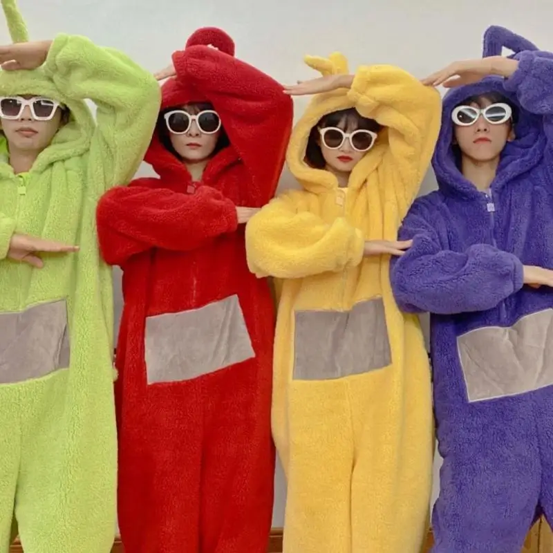 Kawaii Teletubbiess nowa koralowa polarowa jednoczęściowa piżama z kapturem Cartoon do odgrywania ról Laalaas ciepłe i wygodne ubrania domowe dla par