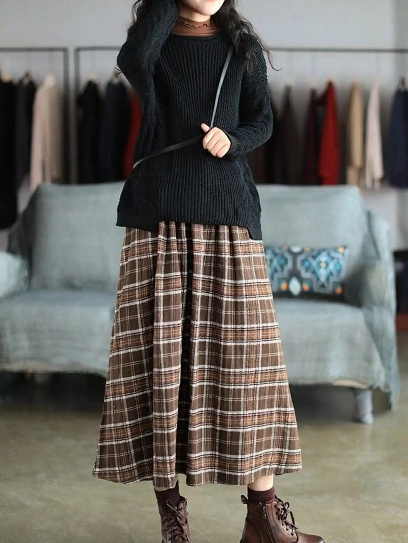 Women's Plaid Midi Skirt Elastic Waist Loose Pleated Long Flowy Mid Calf Skirt with Pockets 100% Polyester Vintage Casual