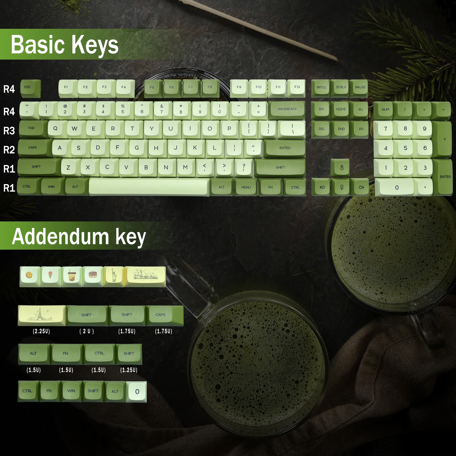 Imagem -02 - Matcha 124 Tampões Chave Pbt Xda Perfil para Teclado Mecânico de Cereja mx Double-shot Bonito Anime Verde Backlit Dye-sub Keycaps Conjunto