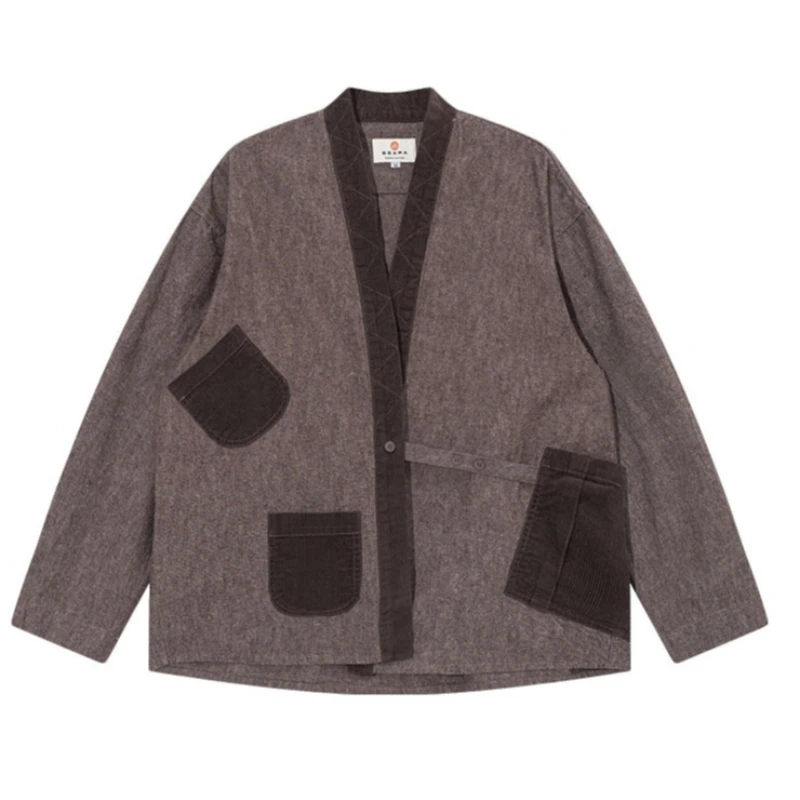 

Men's Vintage Japanese Style Kimono Jacket Patchwork Workwear Coat Loose Long Sleeve Outerwear