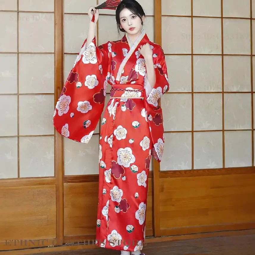 Japanese Kimono Gown with Obi Sexy Yukata Haori Print Flower Cardigan Robe Geisha Cosplay Costume 2025 Hot Sale