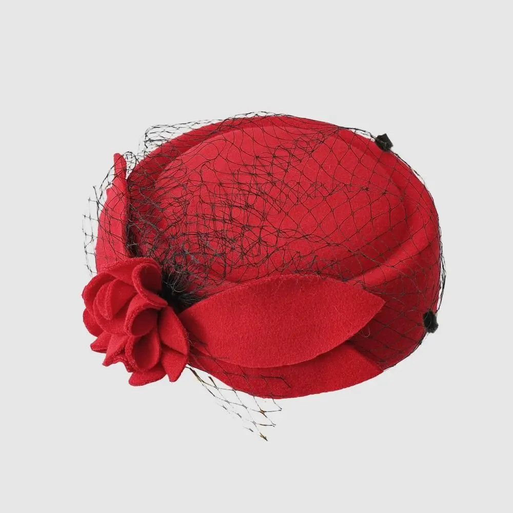 

Teardrop Hat Vintage Mesh Topper Hat Solid Color Retro Woolen Beret Charm Flower Pillbox Hat Lady