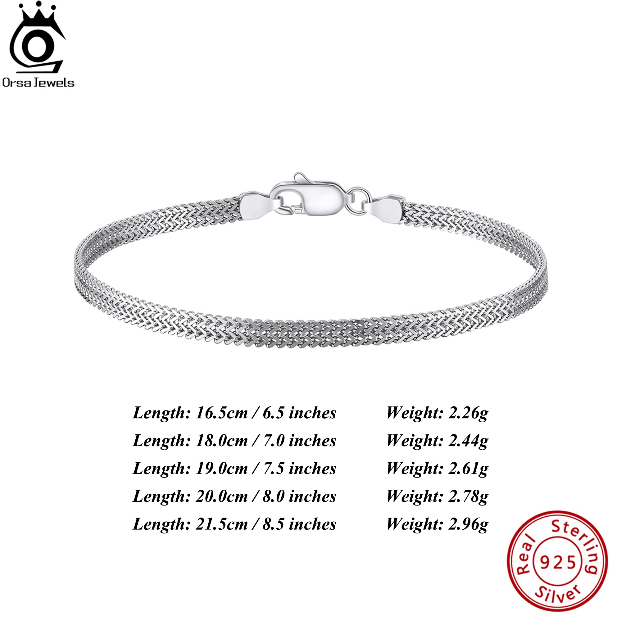 ORSA JEWELS 925 Silver Vintage 2.8mm Flat Mesh Chain Bracelet Multiple Size Selection Unisex Style Accessories for Hand SB216