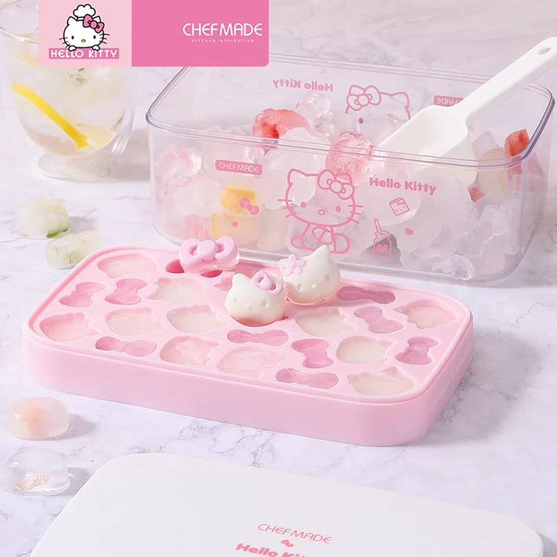 

4Pcs Kawaii Hello Kitty Cartoon Food Grade Silicone Press Ice Cube Mold for Household Refrigerators Ice Making and Storage Boxes