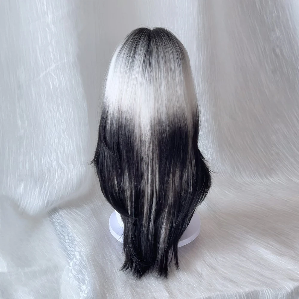 Long Straight Synthetic Black Ombre White Wigs with Bangs Fluffy Women Lolita Cosplay Wig for Daily Party