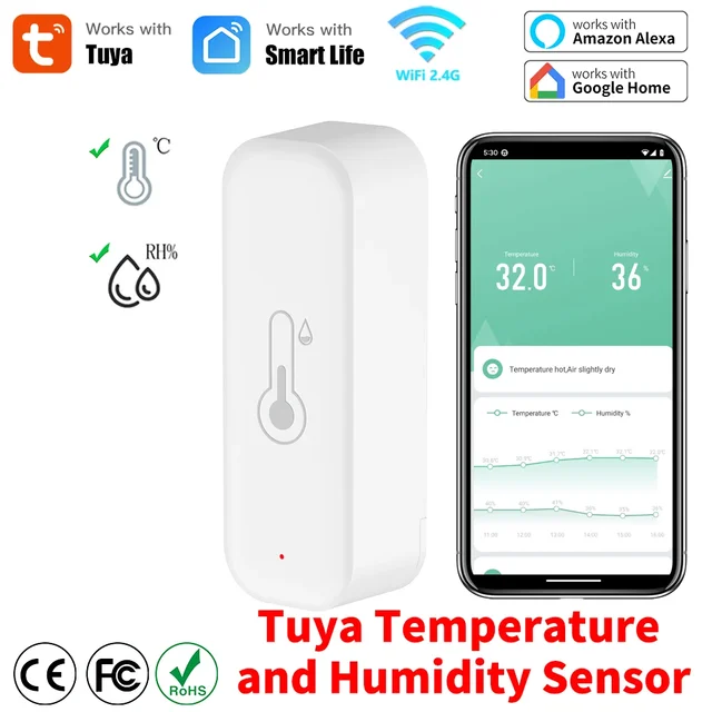 Tuya WiFi Temperatura i wilgotność Inteligentny termometr domowy Higrometr APP Zdalny alarm Współpracuje z Alexa Google Home