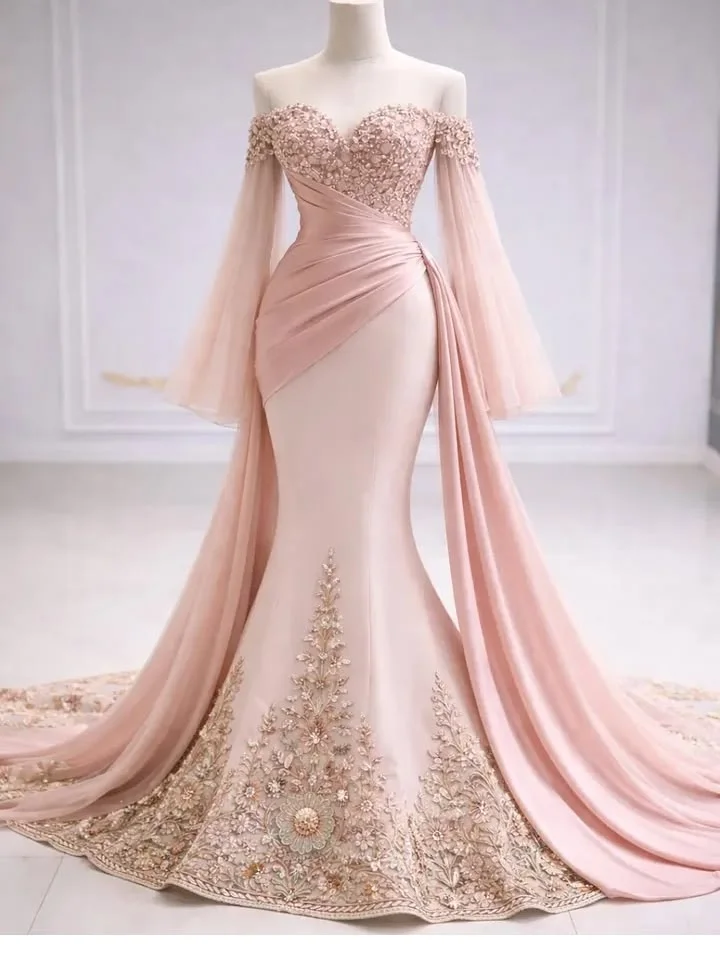 Rosa Meerjungfrauen-Abschlussballkleider im saudi-arabischen Stil, schulterfrei, lange Ärmel, florale Applikationen, Abendkleid für Prominente, maßgeschneidertes Outfit, individuell angepasst